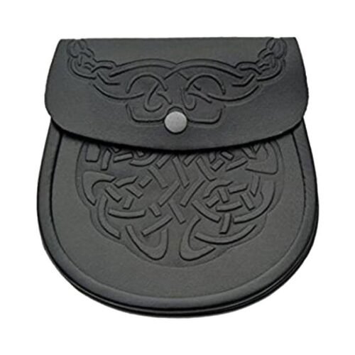Black Leather Celtic Kilt Pouch With Chain Belt