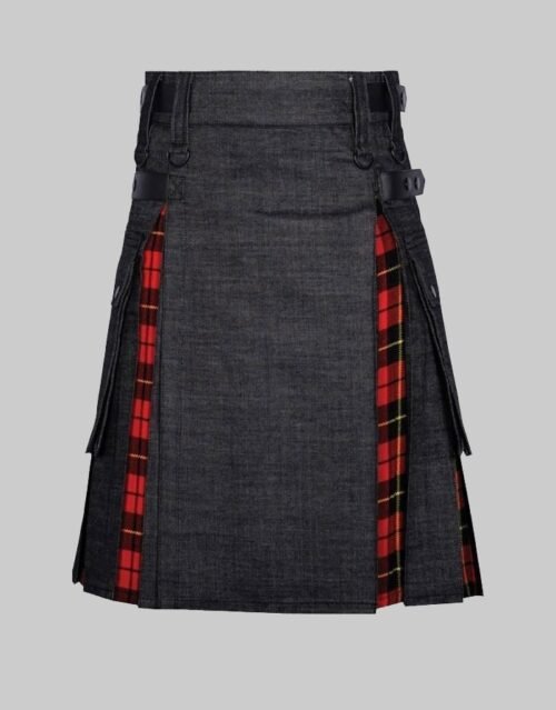 Black Denim Hybrid Kilt With Tartan