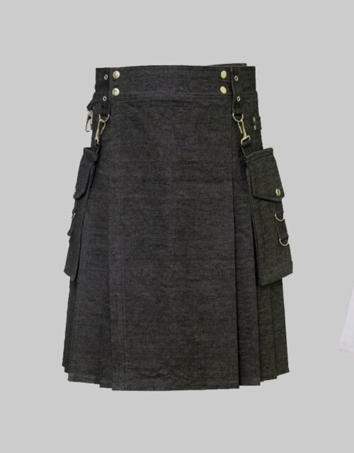 Black Denim Utility Kilt With Corgo Packets