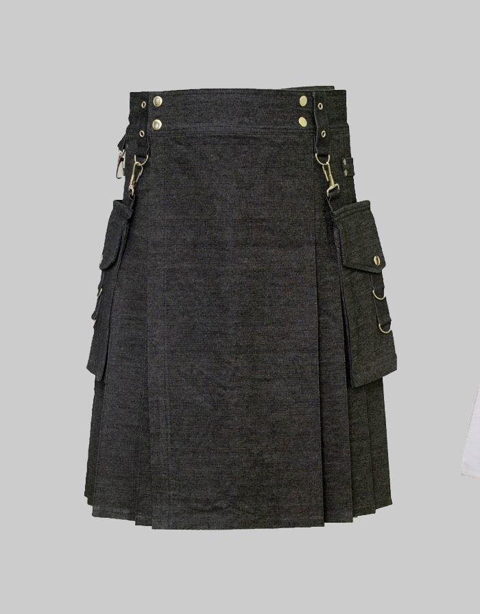 Black Denim Utility Kilt With Corgo Packets