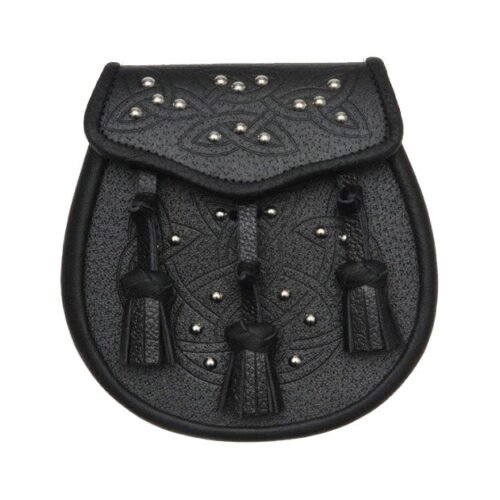 Black Leather Celtic Embossed Studded Leather Sporran