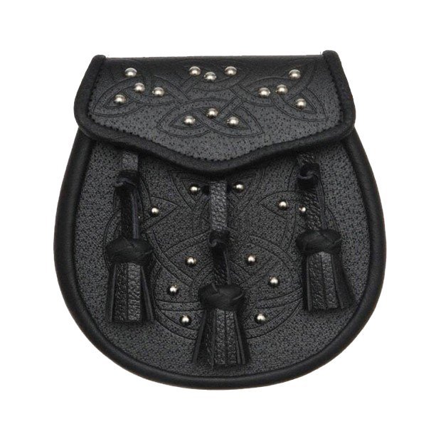 Black Leather Celtic Embossed Studded Leather Sporran