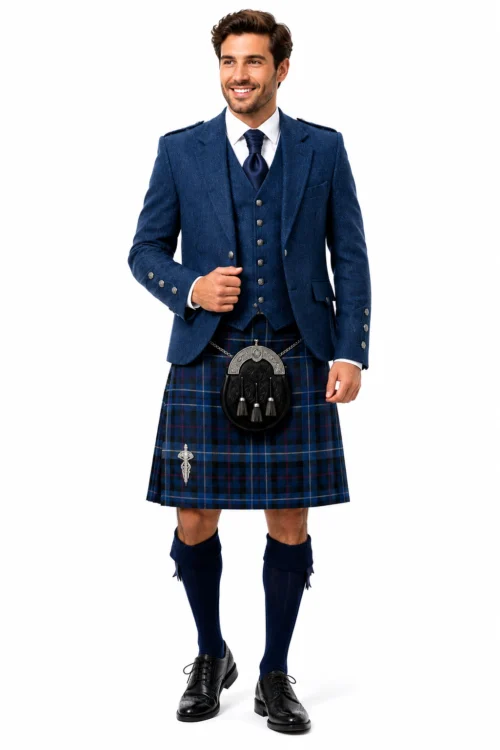 blue tweed kilt outfit