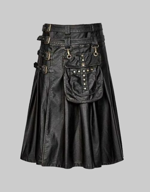 Gothic Black Leather Utility Kilt For Men