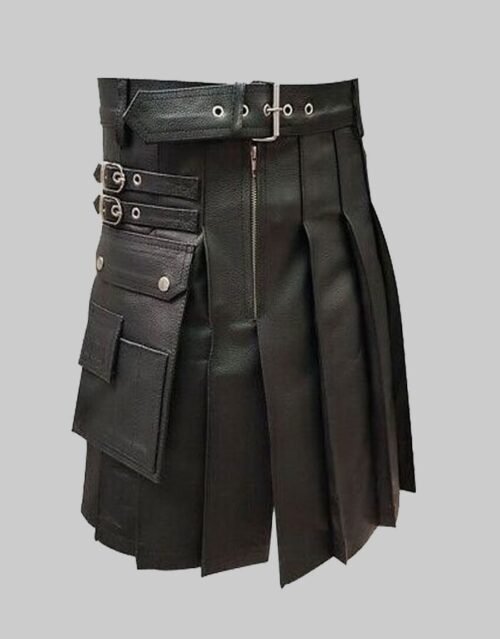 Men Real Black Leather Kilt