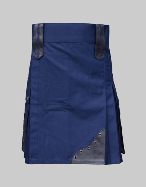 New Modern Blue Kilt with Leather Patches