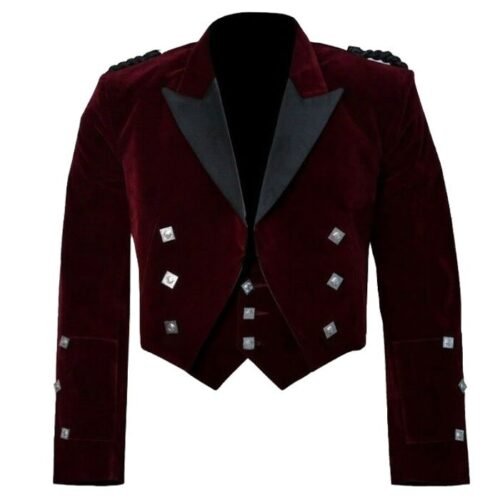 Scottish Red Velvet Prince Charlie Kilt Jacket With Vest